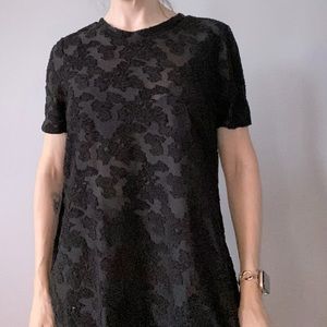 Wilfred | Aritzia | long t-shirt semi-sheer with appliqué flowers | Black